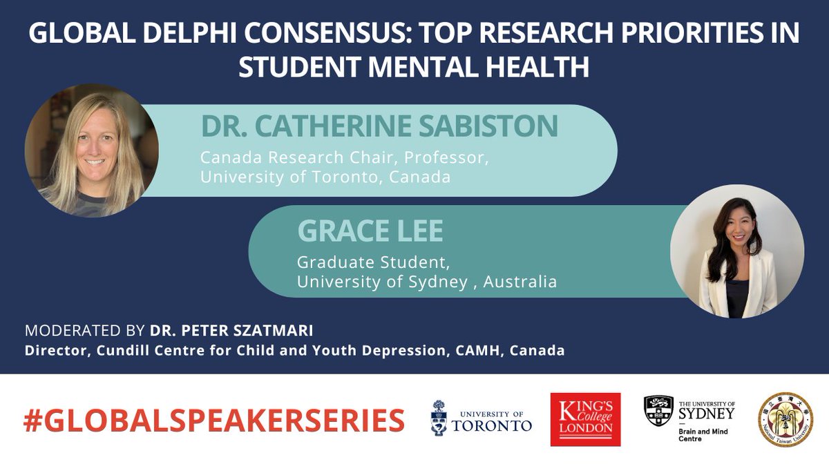 Our #GlobalSpeakerSeries returns today (May 24), with Dr. Catherine Sabiston (@sabi_catz), Grace Lee (@graceeylee) & @drpeterszatmari discussing results of a global consensus process to identify priorities in #studentmentalhealth research. Register at bit.ly/410CBRO