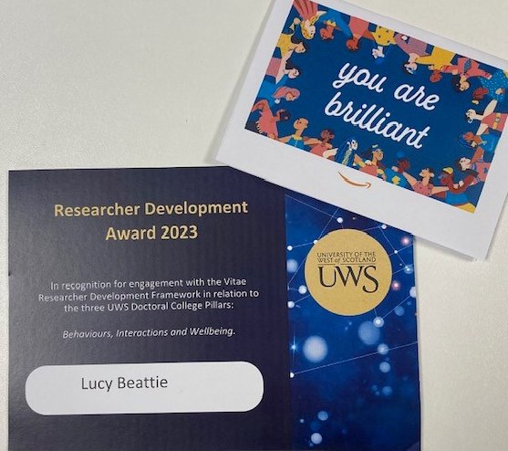 UWS_PGR's tweet photo. Congrats to @liusaidhbeattie recipient of #ResearcherDevelopmentAward at #UWSResearchFestival. Great to learn about your research via #PGRPoster & #3MTFinal. Huge well done and so sorry about the mixup with your Certificate! https://t.co/nLsWPR3Hjt