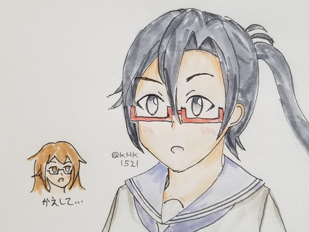 glasses 2girls multiple girls school uniform traditional media long hair serafuku  illustration images