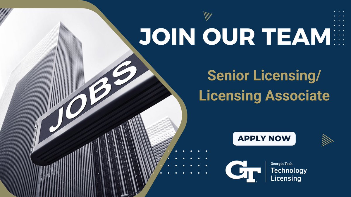GaTechOTL's tweet photo. JOIN OUR TEAM! We're hiring a Senior Licensing/Licensing Associate who will work proactively with researchers to ensure IP protection while working to commercialize innovations.
Apply: https://t.co/PkTuhZqL4b
#jobs #Hiring #TechTransfer #TechnologyTransfer #technologylicensing https://t.co/P96mTx3EnT