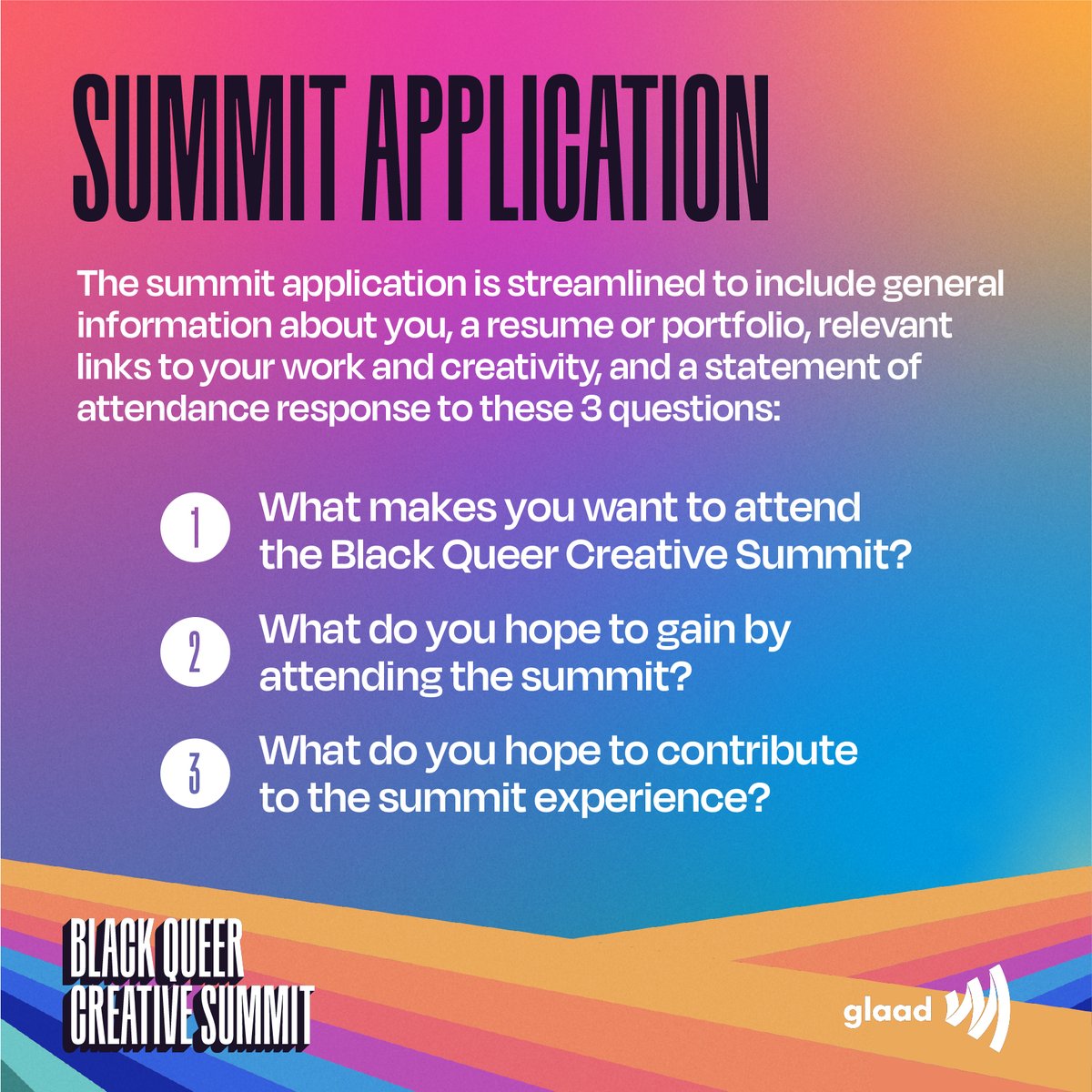 Exciting news! @glaad's inaugural Black Queer Creative Summit in LA, Sep 14-17. It focuses on equitable representation, industry conversations, and pathways for emerging Black LGBTQ+ creatives. 

Apply by June 12th, 11:59 PT at glaad.org/bqcs.