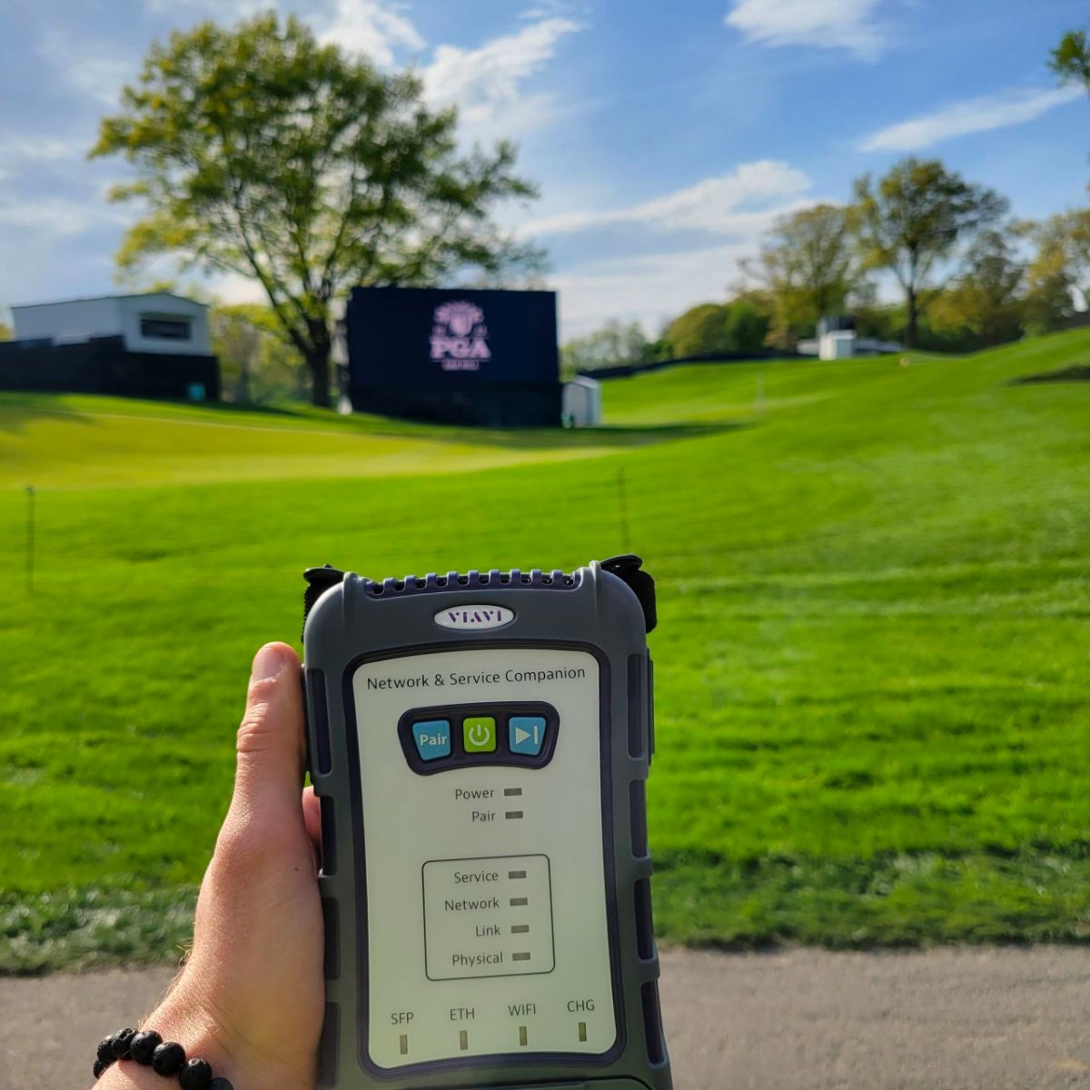 ViaviSolutions's tweet photo. Pictured here: the VIAVI NSC-200 doing its part at the 2023 PGA Championship last week. Thank you to our friends @CCAIRep for capturing this photo at the Oak Hill County Club in Rochester, NY. #PGA #UnitedInPossibility #fiber https://t.co/B7i9XTVopx