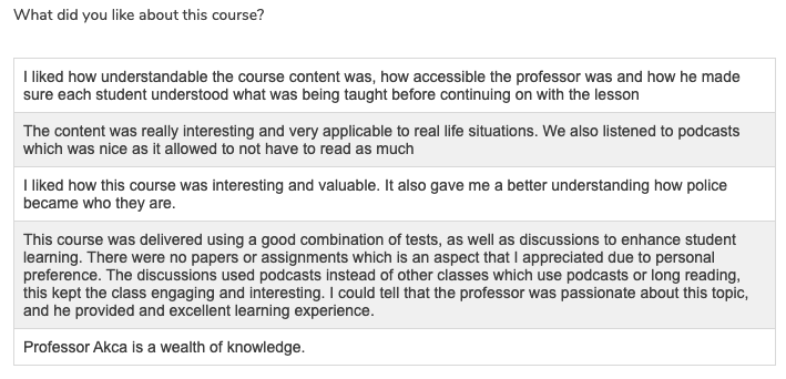 The best reward for teaching: positive feedback from students. 

Special thanks to @Jerry_Ratcliffe for the @_ReducingCrime podcasts which made my Policing course more interesting for the students.