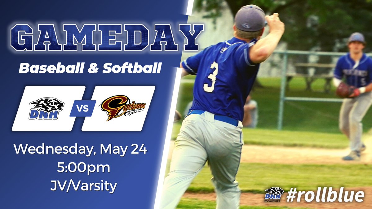 Tonight, @DNH_Softball & @DNH_Wolverines host an NICL Central Matchup!!
🆚: Denver
⏲️: 5pm - JV Game
⏲️: 7pm - Varsity Game
📍: DNH HS Baseball/Softball Fields
🎟️: $5 - Adults & Students
📺: youtube.com/dnhwolverines
#rollblue