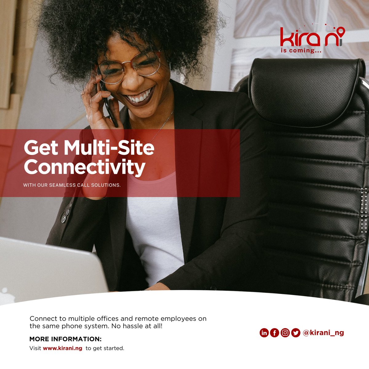 'Unlock Seamless Multi-Site Connectivity with Kirani Business Suite!  Stay Connected, Anywhere, Anytime.' 

#KiraniisComing 
#MultiSiteConnectivity #SeamlessCallSolution #StayConnected #AdvancedCommunication #BusinessConnectivity #UnifiedCommunication #EfficientCollaboration