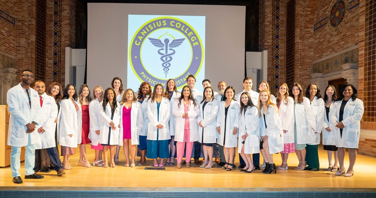 Canisius_Univ's tweet photo. So many smiles at the White Coat Ceremony from graduates of our PA Studies Program. The symbolic rite of passage represents their entry into the physician assistant profession, and prioritizes service above self and compassionate care for all patients. π©Ί #CanisiusMade https://t.co/8JLOW3aoX5
