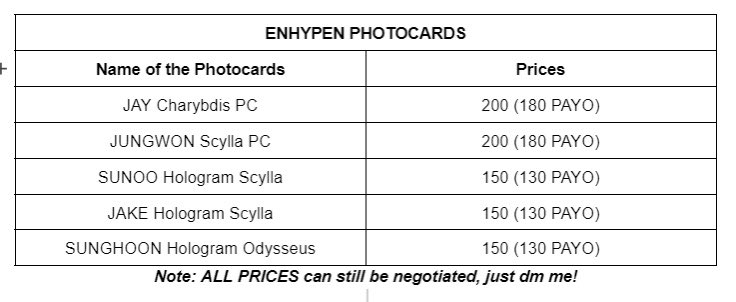 PRICE LIST