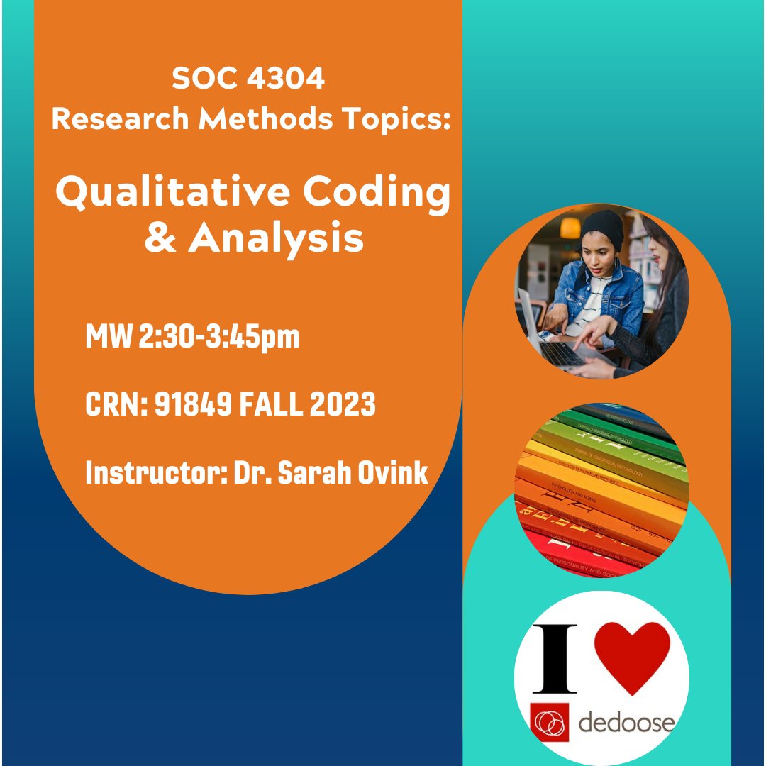 SOC 4304: Qualitative Coding and Analysis is a new research methods topics class for Fall 2023! It will feature project-based, experiential learning in qualitative coding and analysis using Dedoose. Develop your skills with real interview data and contribute to publications!