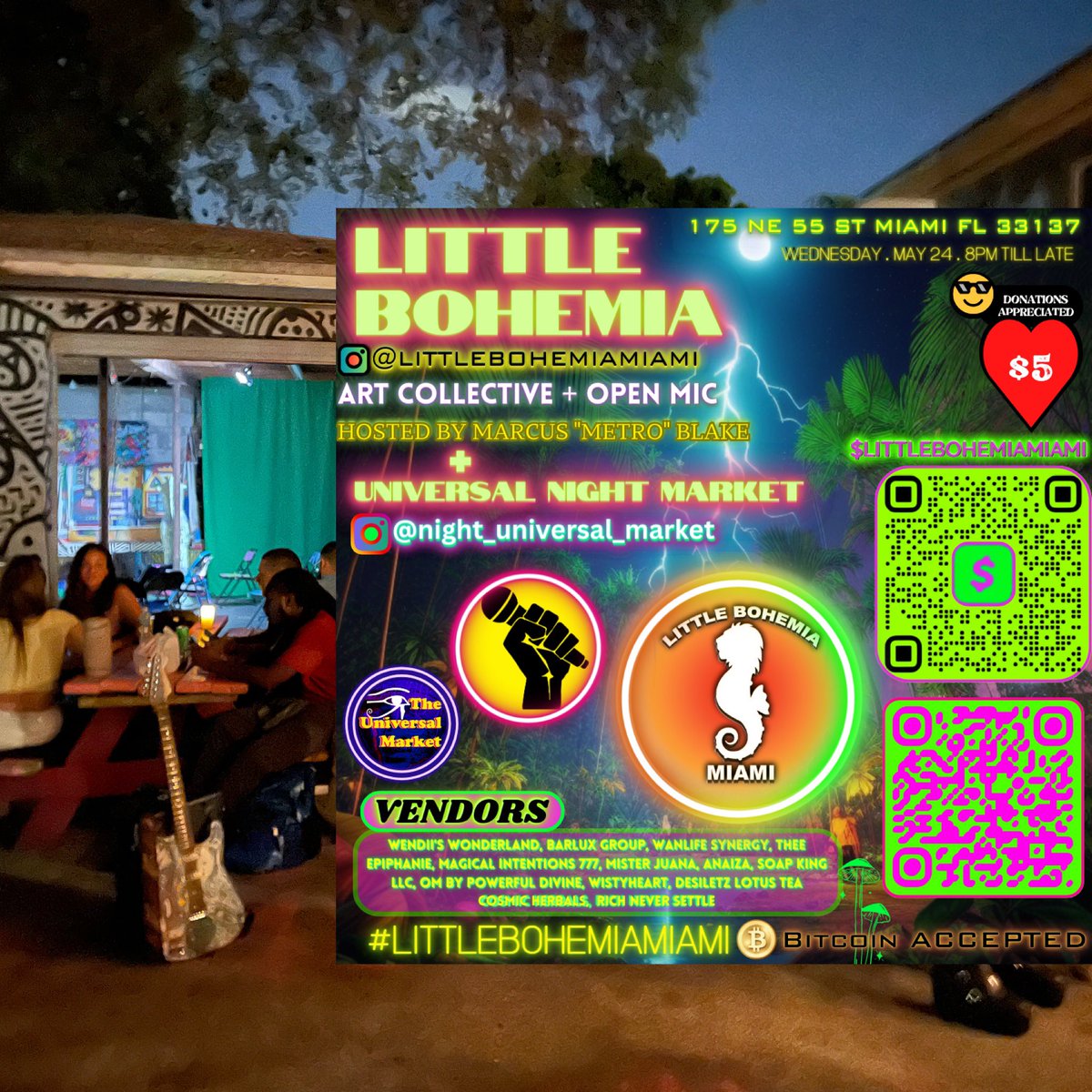 TONIGHT ⬇️ ✨ 👁 

>> 🫶 Wed- May 24th<<
 🧿 <<

- 8:30pm - 2 am -
.
Little Bohemia Open Mic 🎸🎤
@littlebohemiamiami ⚡️👽
175 NE 55 St Miami FL 33137

Hosted by:  @mdotblake 🕊🌙 

Join us for a night of creative expression in MUSIC, POETRY, & VISUAL ARTS. Support local vendors