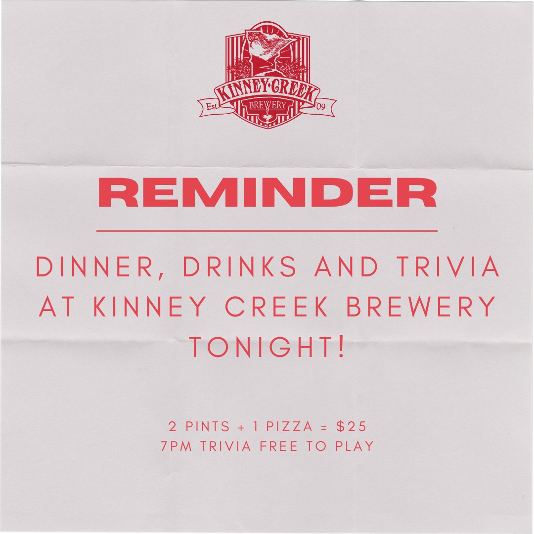 Don't worry, we've got your Wednesday plans! Join us for two pints and a pizza for $25 all day long, followed by Trivia Night starting at 7pm!

#trivianight #beerandpizza #pizzaday #trivia #brewery #mnbrewery #beer #craftbeer #seltzer #hardseltzer #wednesdayvibes
