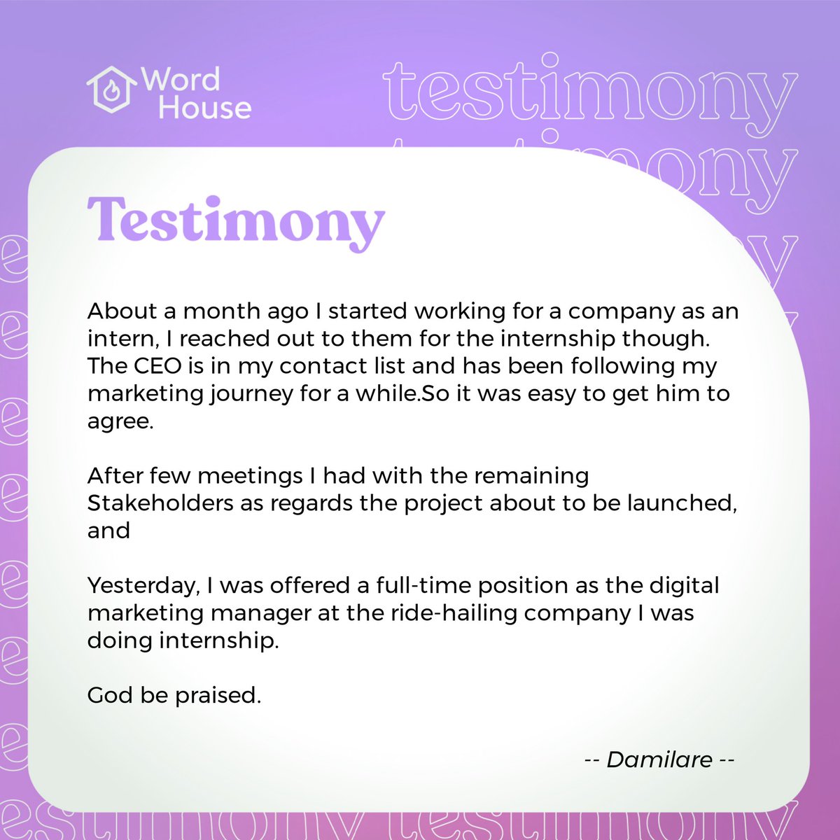 wordhousehq's tweet photo. Hallelujah! Itโs raining testimonies at Wordhouse! Thank you, Jesus!
We will not fail to always return all the glory to God.
You definitely will be next! ๐
#testimonies #godisgood #thanksgiving #wordhouse https://t.co/Pycn7dYSwm
