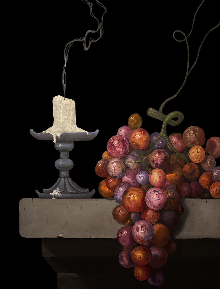 MarkLiamSmith's tweet photo. My solo exhibition DEATH AND TAXES opens at Galerie Youn, Montreal. Reception Thursday, June 8, 2023. 

Shown here: 
Candle and Grapes
Oil on panel
16 x 12 inches / 41 x 30 cm
2023
Please contact @GalerieYoun for availability and pricing. 
#markliamsmith https://t.co/S9ln9rtWQF