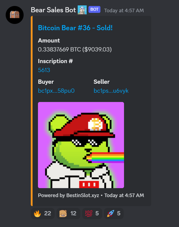 BitcoinBearsOrd's tweet photo. GM bears! ☕

One of our sub10k #BitcoinBears has just found a new home!! 🏡🚀🚀

Bitcoin Bear #36 just sold for 0.34 BTC ~ ($9039.03). 🎉 #Ordinals https://t.co/VA4OJ4myFl