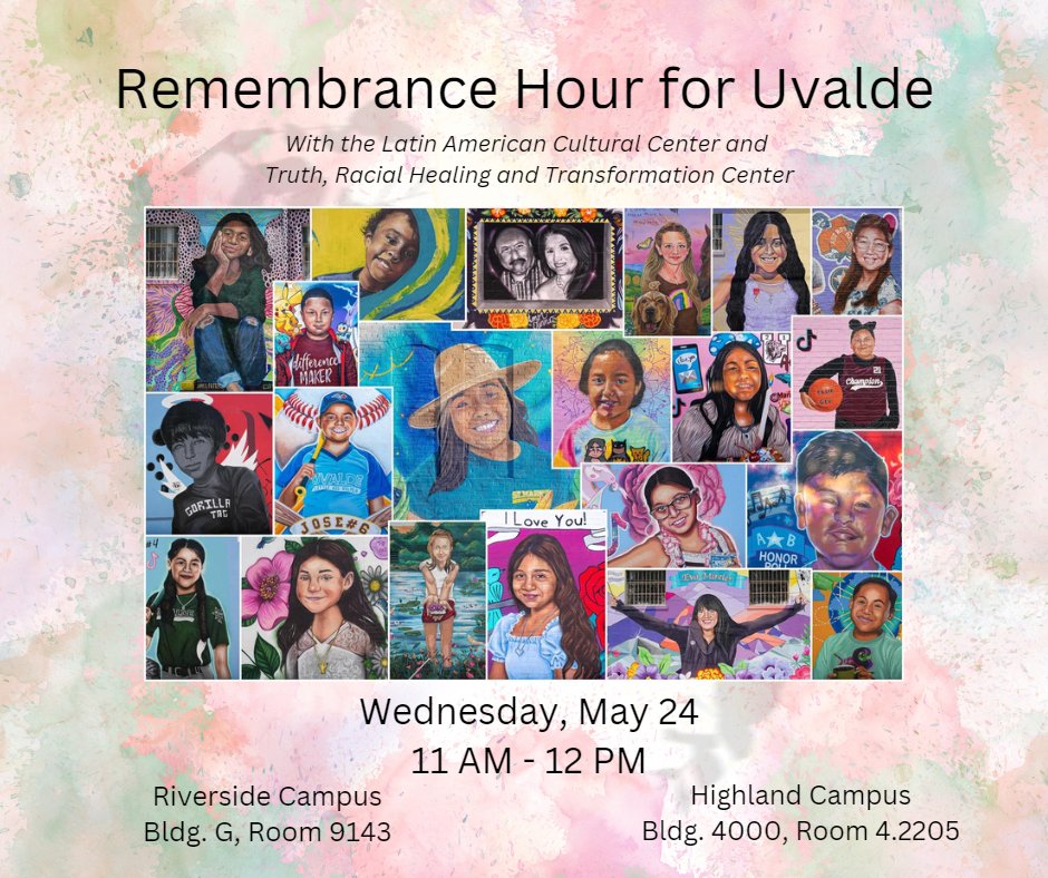 Today, ACC's TRHT Center &amp; Latin American Cultural Center will host a remembrance hour honoring the victims &amp; survivors of the Uvalde tragedy one year ago. Join us starting at 11 am for an opportunity to share in conversation &amp; healing.