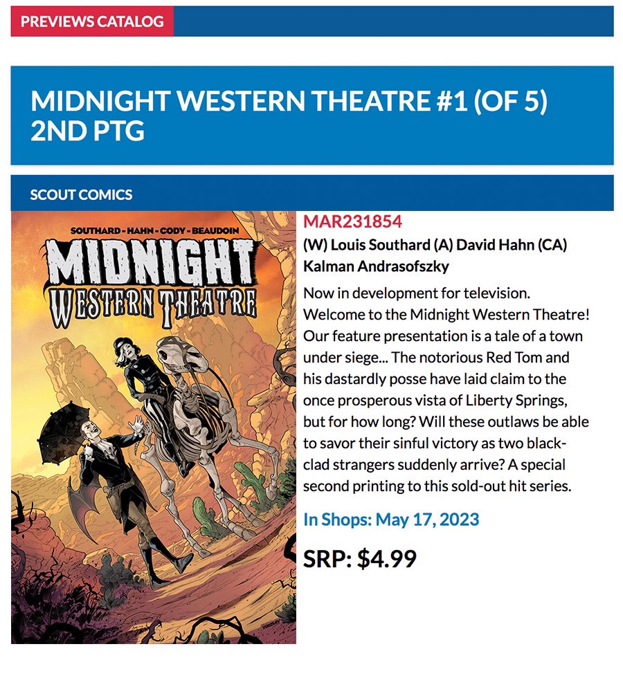 FYI: a second printing of the SOLD OUT issue one of the original MIDNIGHT WESTERN THEATRE from @ScoutComics is out today with this beautiful variant cover by @vascogeorgiev! Just in time for the upcoming sequel in July, catch up on the story that started it all! #comics #NCBD