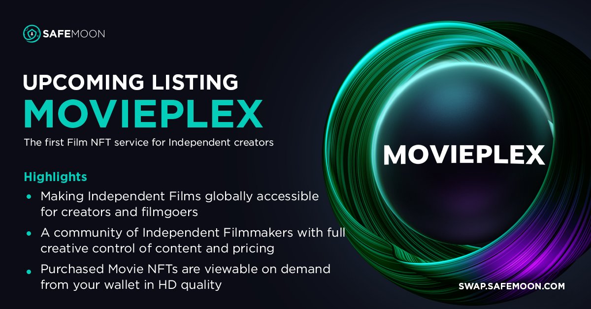 Get your popcorn ready #SAFEMOONARMY! <a href="/movieplexfilms/">Movieplex.io</a>, the first Film NFT service for Independent creators is about to join our family! 🍿

Highlights
🎥 Making Independent Films globally accessible for creators and filmgoers

🎥 A community of Independent Filmmakers with full