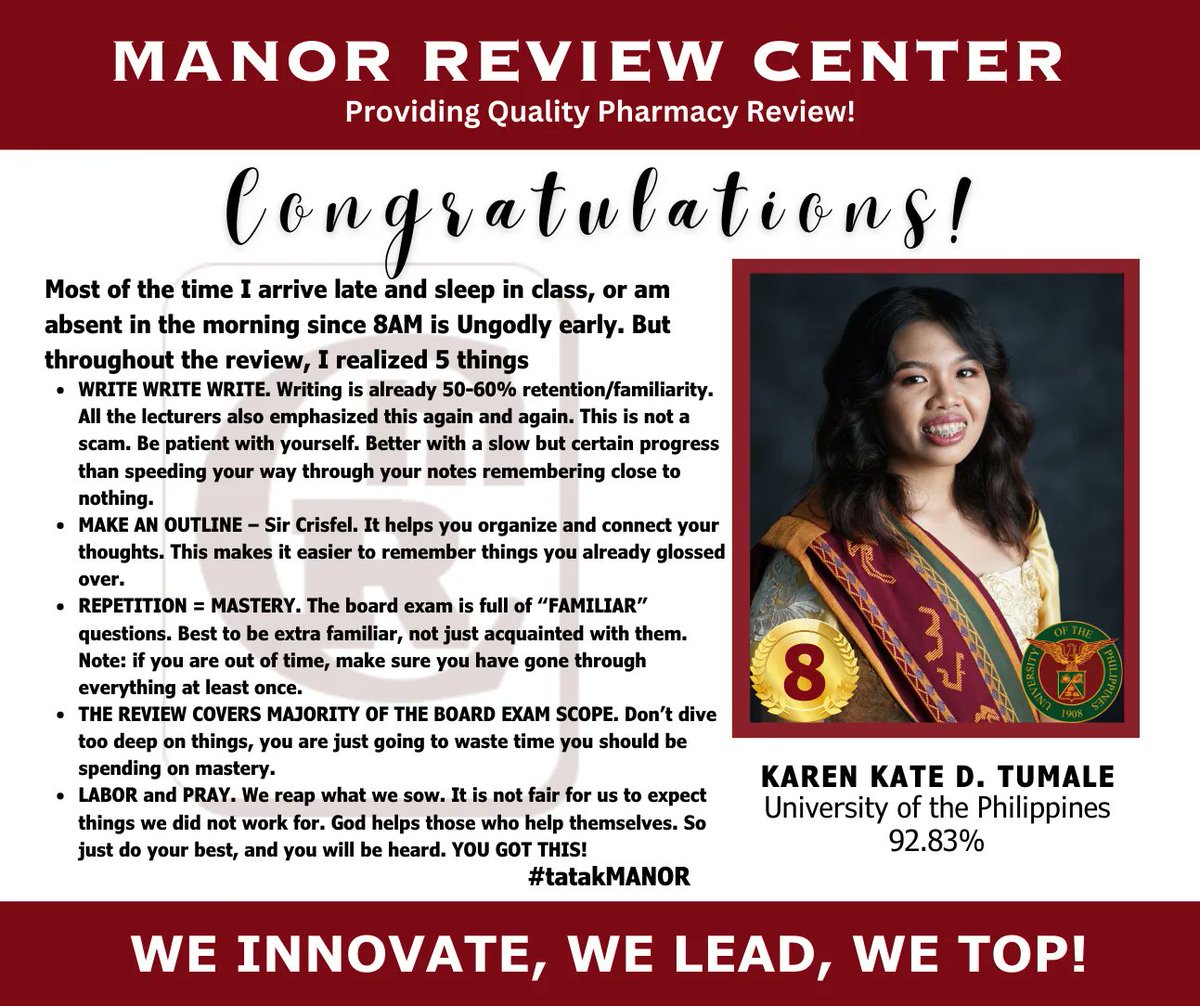 MANOR_Review's tweet photo. William and Karen placed 7th and 8th respectively in the April 2023 Pharmacist Licensure Examinations. They share their review experience and their advice to #futureRPh...
#tatakMANOR https://t.co/zIGHYaxNW5