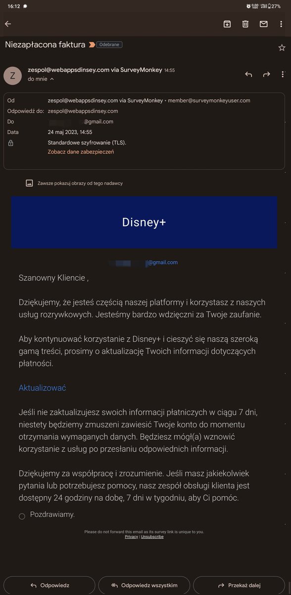 foxpl1's tweet photo. O! To chyba ciekawa forma scamu na Disne+ z wypełnieniem ankiety😁
Ktoś jeszcze to dostał?
CC @niebezpiecznik @Zaufana3Strona https://t.co/QDckgFz6Lm