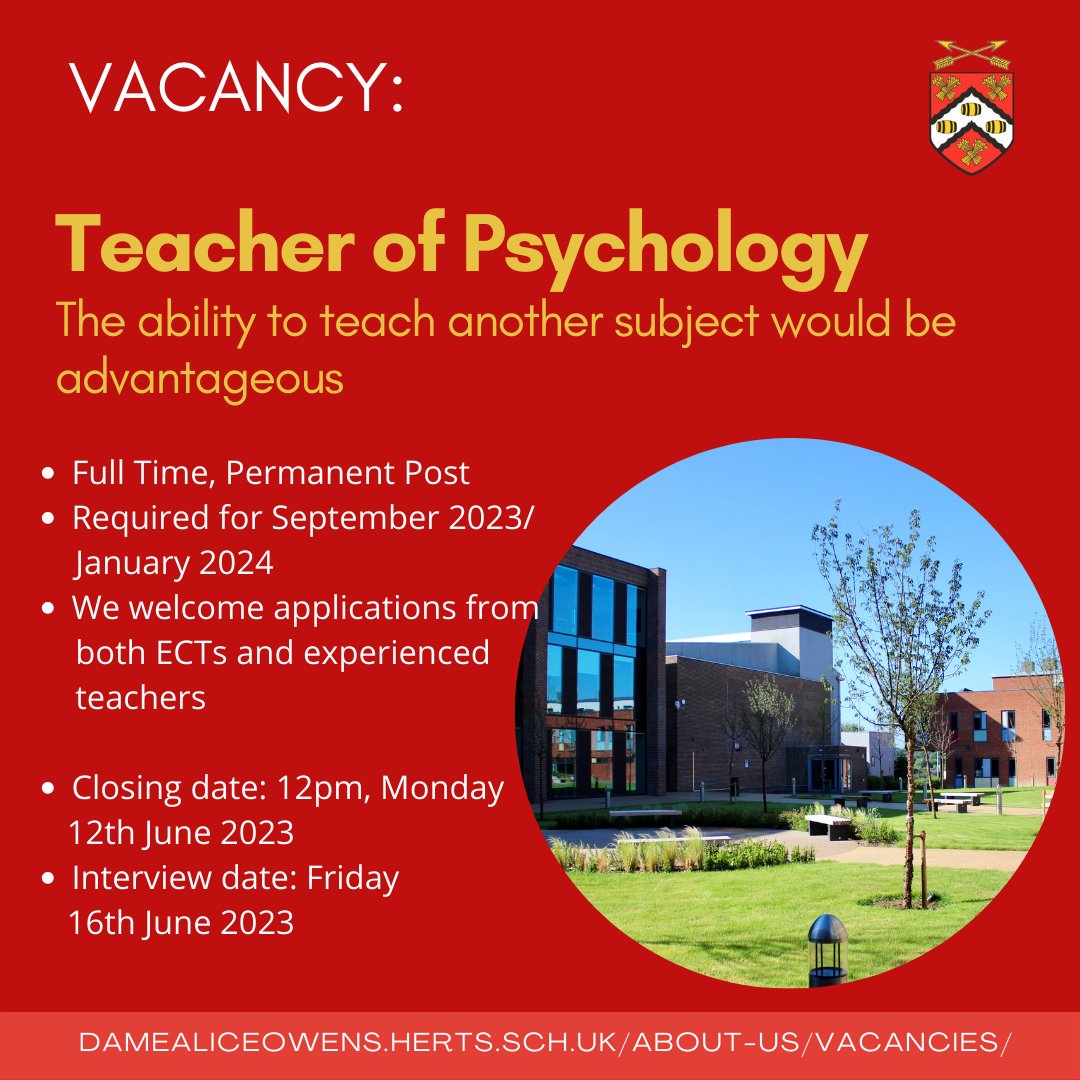 damealiceowens's tweet photo. Come and join our Psychology Department!

We have an exciting new vacancy for a Teacher of Psychology.

For more details and information on how to apply, please visit our please visit our website. https://t.co/zPORCJHMuQ https://t.co/lrr9tgrxYj