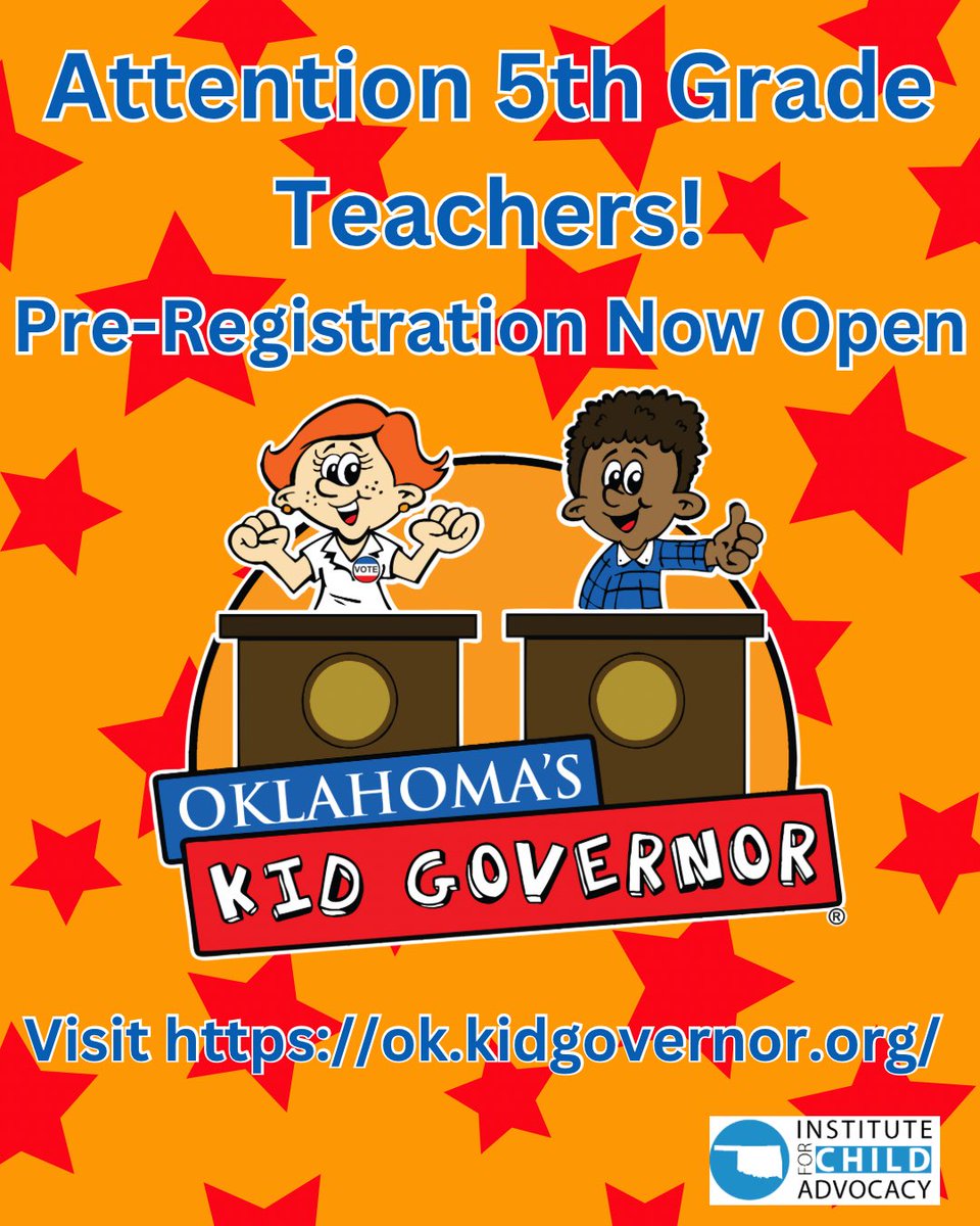 5th grade teachers in Oklahoma can now pre register for the 2023-2024 Kid Governor Program! 

Visit OK.KidGovernor.org for more information or email Lucy.Gutierrez@OK.KidGovernor.org