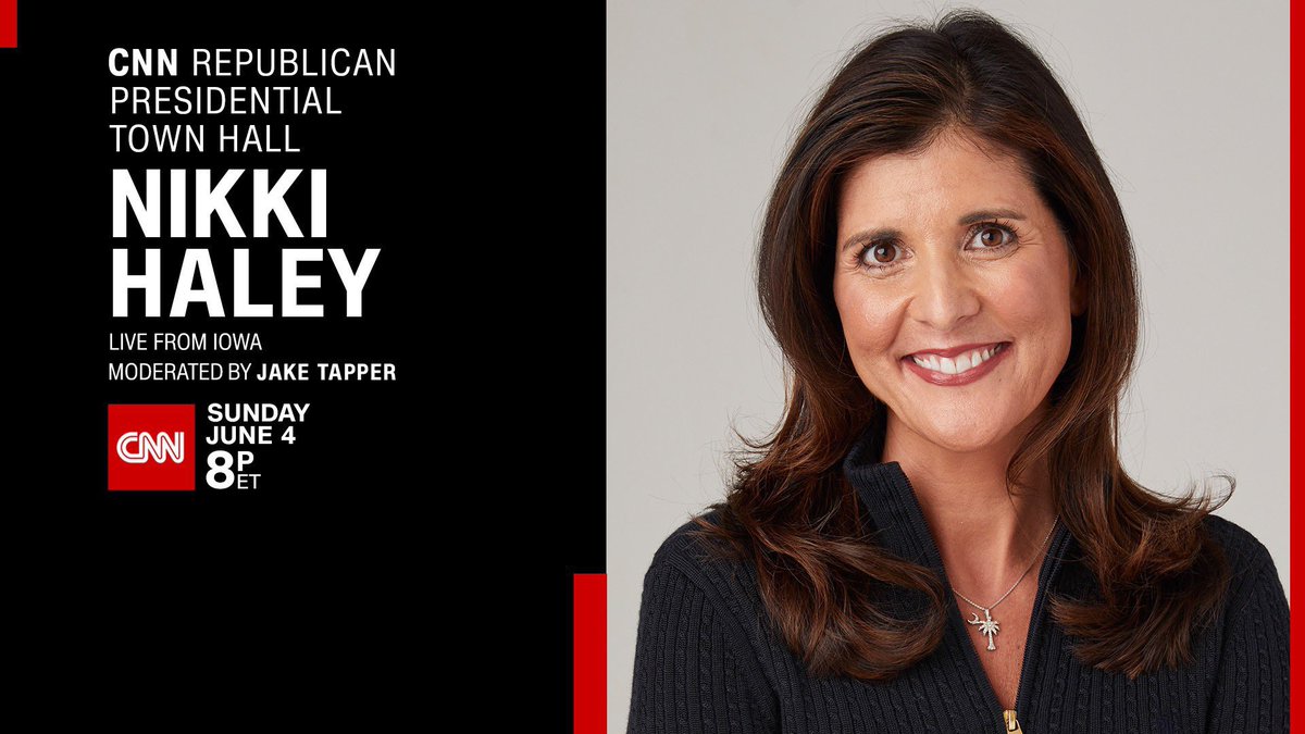 NEWS: On Sunday, June 4 at 8pET, Governor @NikkiHaley will participate in a @CNN Republican Presidential Town Hall. 

@JakeTapper will moderate live from Iowa.