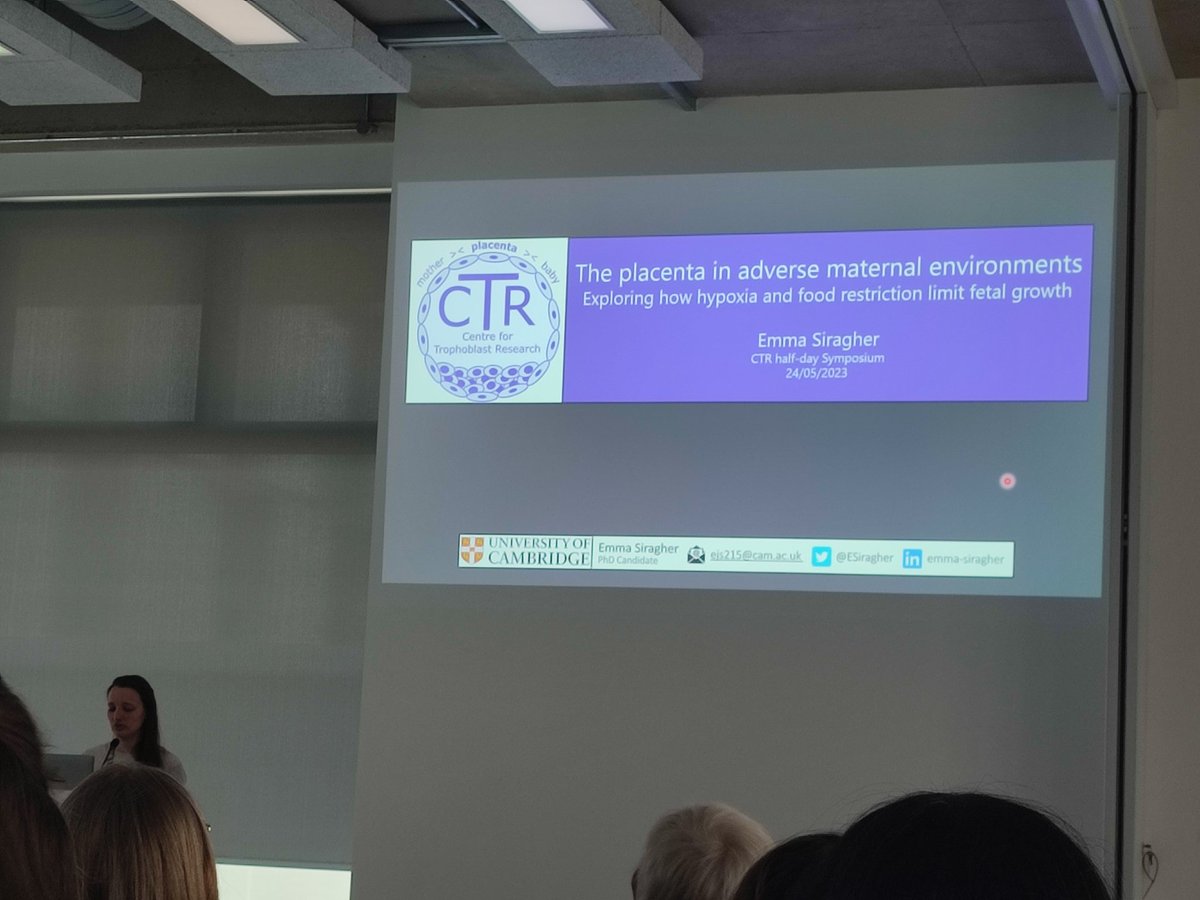 <a href="/ESiragher/">Emma</a>  giving a talk on her placenta research at the @CTR_Cambridge Half day seminar. Her work addresses  key questions of how  maternal environment affects  fetal outcomes in pregnancy. #placentaresearch
#pregnancyoutcomes
#reproductionresearch