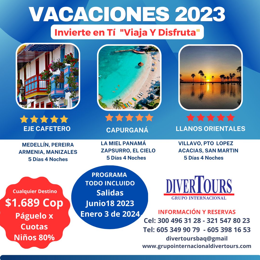 Divertoursltda's tweet photo. Publicidad válida para #barranquilla #cartagena #santamarta

Aprovecha para reservar y vivir tus próximas V A C A C I O N E S    D E    M I T A D   D E    A Ñ O  con nosotros. 

Diseñamos los MEJORES destinos para que puedas disfrutar con tu familia y/o amigos. https://t.co/q7Ru62aBjh
