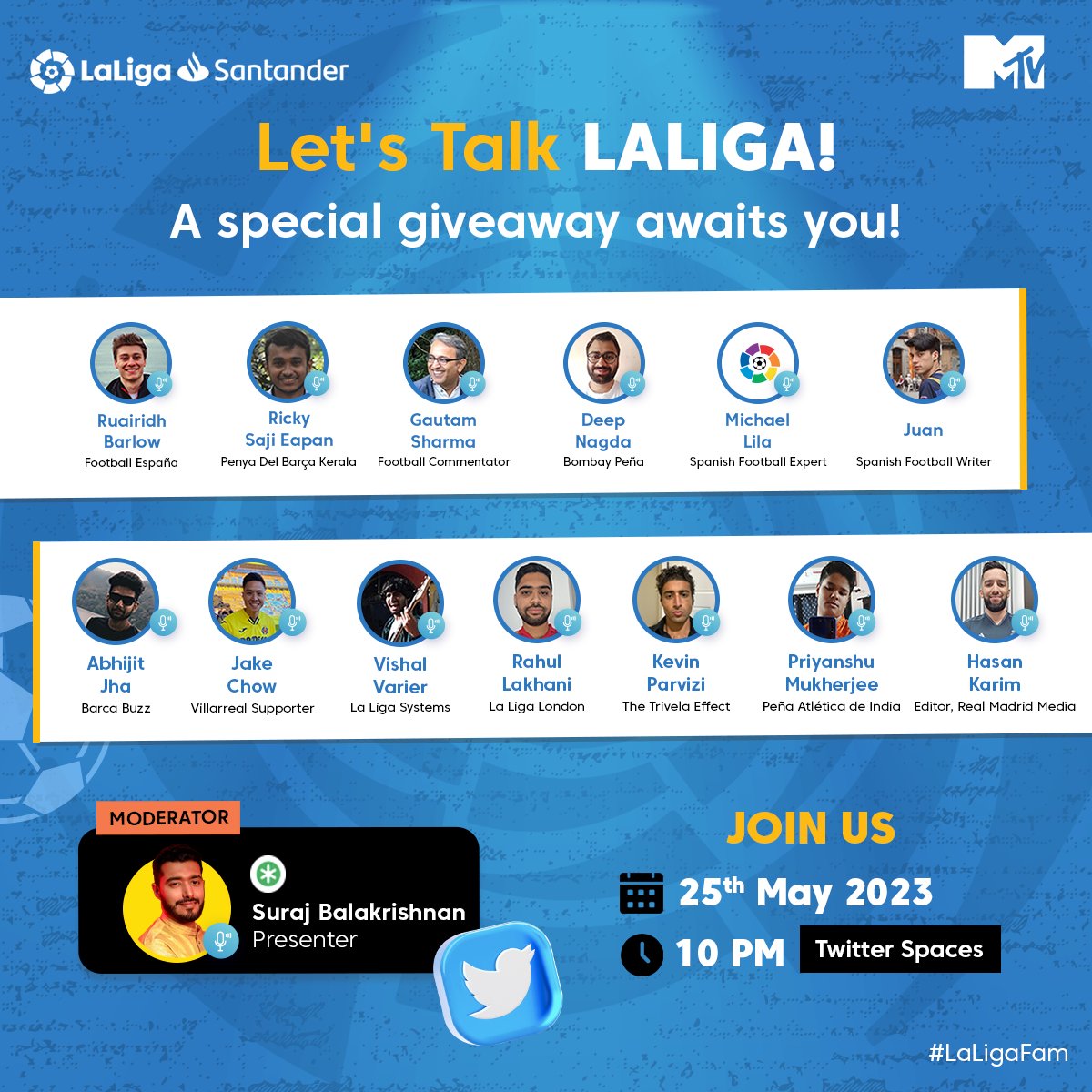 Attention #LaLigaFam, we are back with the much awaited conversation on LaLiga, but this time with a surprise!

One lucky winner will get the official LaLiga football! So, don't forget to tune in tomorrow at 10 PM!

#LaLigaSantander #LaLigaOnMTV #KickoffLaLigaSantander…