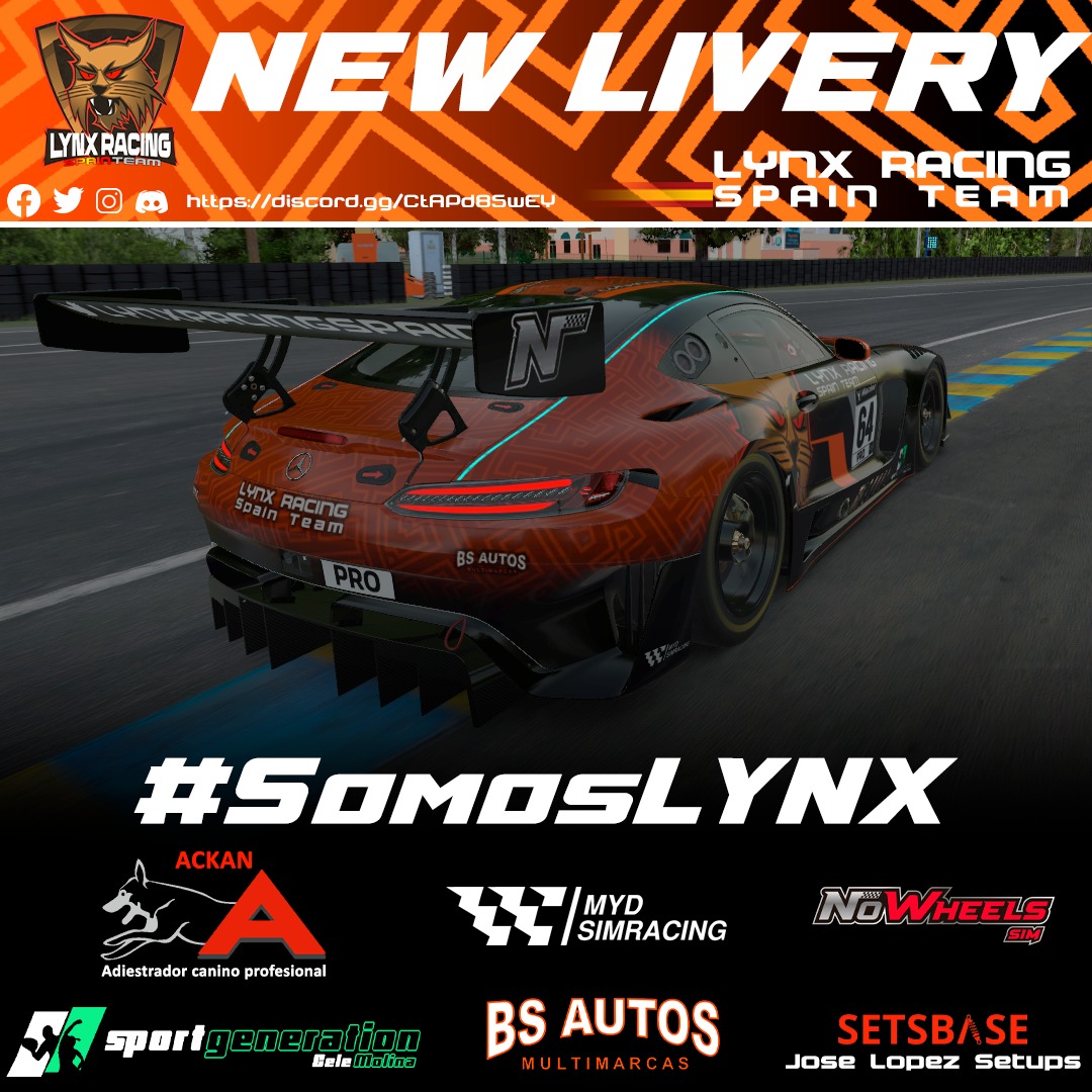 LynxRacingSpain's tweet photo. Pues nos vamos a @iRacing con esta maravilla de skins fabricada por nuestro piloto y diseñador @kikorh99  a este Mercedes AMG GT3 2020.

Seguro que la veremos en más de una resistencia 💪

Colaboran
@JOSE2K2
@NoWheelsSim 
@infoackan 
#SportGeneration
#BysAutos 
#MydSimracing https://t.co/6i9gg1qcAL