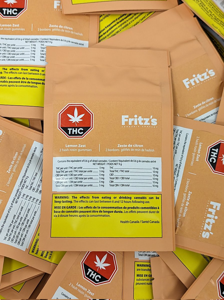 coming soon to Ontario.....

Lemon Zest from <a href="/FritzsCanada/">Fritz's Cannabis Company</a>!

5mg CBD, 5mg CBN, and 5mg THC from hash rosin

really proud to be a part of this team and have something available in Ontario that I mixed, poured, packaged, and stickered .... so cool!
