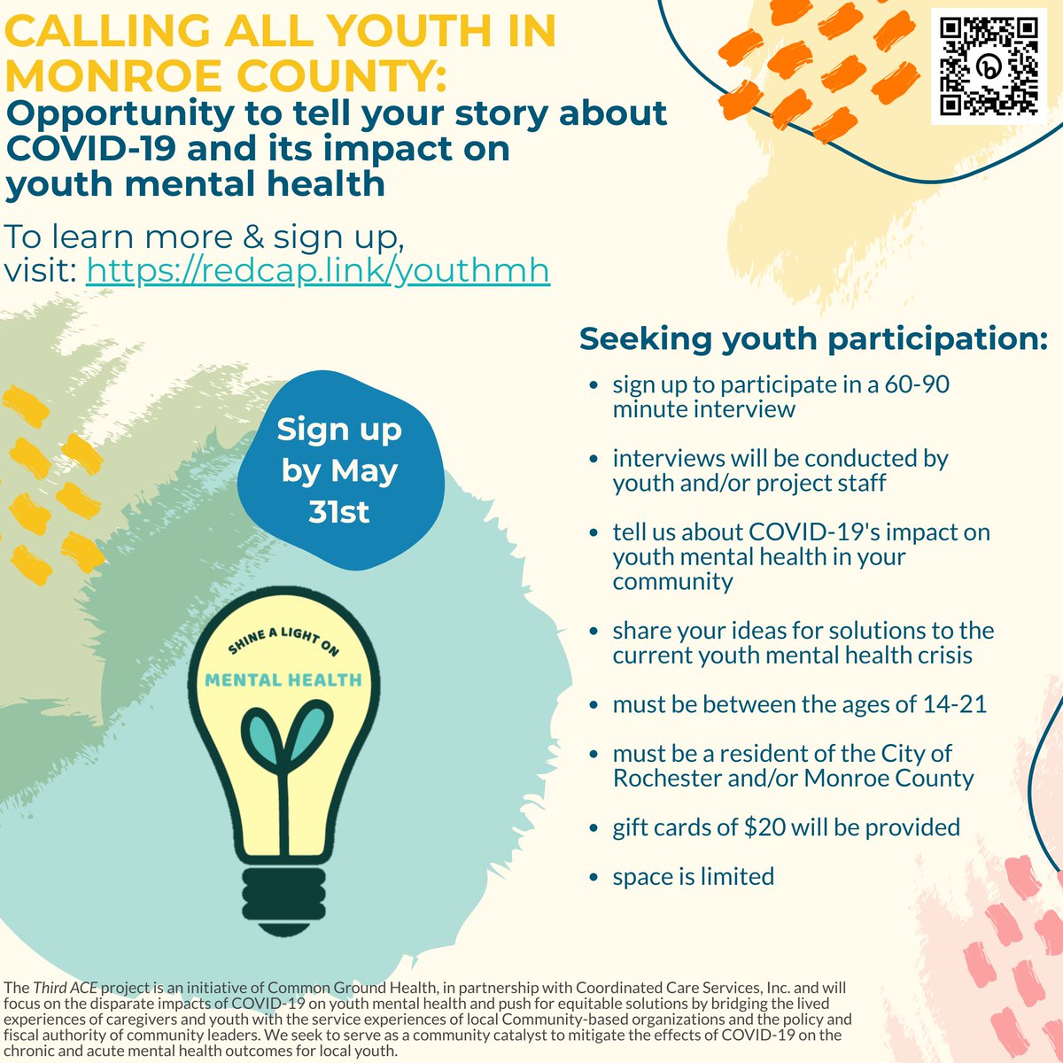 HealthiKids's tweet photo. 📣 Attention Rochester & Monroe County youth! 🌟 Join the Third ACE project and share your COVID-19 mental health story. Your insights will inform solutions for our community. Sign up today at https://t.co/U8DYNIy7Rb! Let's prioritize youth mental health! #ThirdACEProject https://t.co/6RWkPLdndN