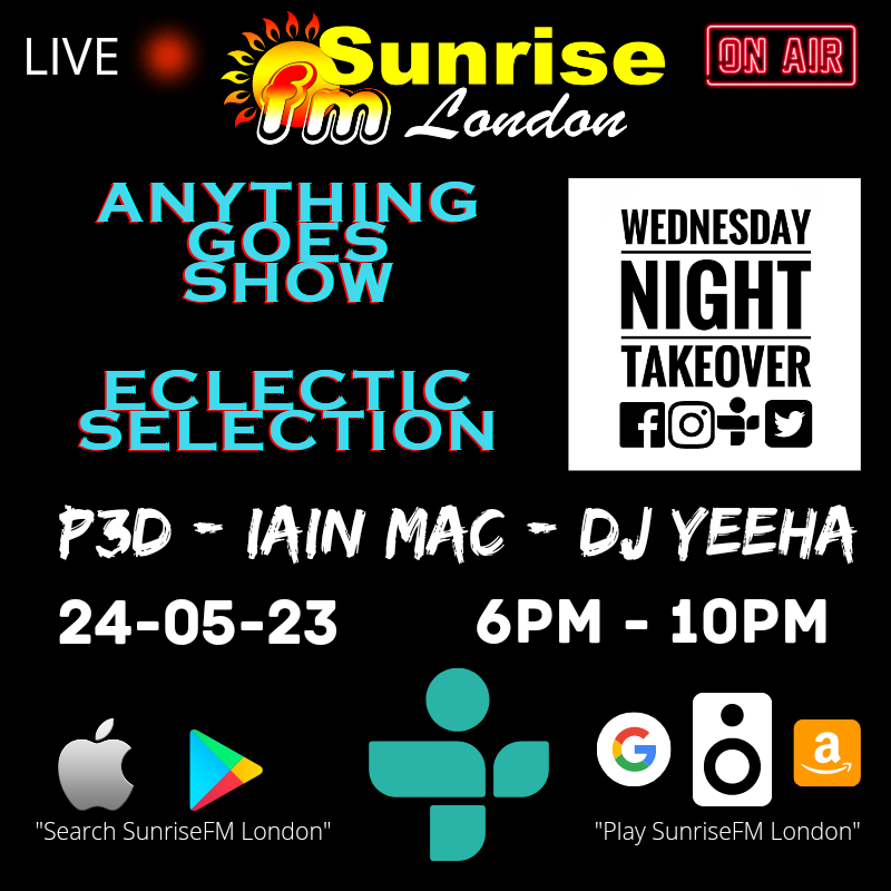 We are live tonight from 6pm - 10pm GMT for the
Wednesday Night Takeover
On sunrisefm.co.uk 
Join us in the chatroom, via TuneIn, on the Sunrise FM app or ask your smart speaker to 'play Sunrise FM London' #live #radio #sunrisefm #pirateradio #londonsoriginal #eclectic