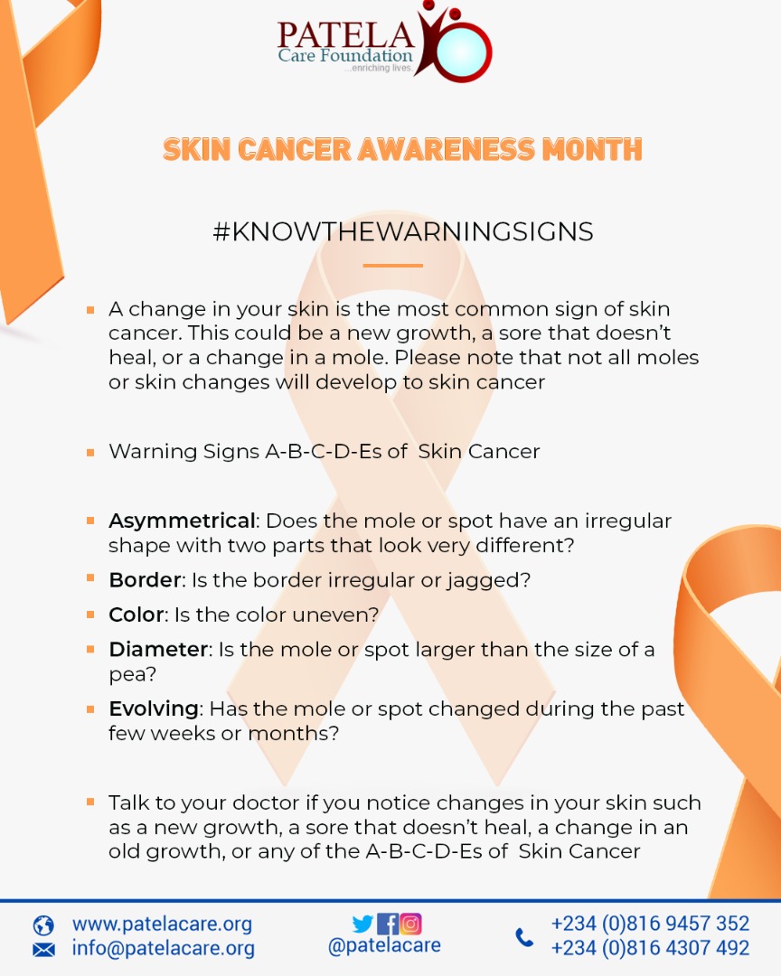 Skin Cancer Awareness Month 

#ObserveRecommendedScreeningByAgeAndGender
#BeSymptomsAware
#EarlyDetectionSavesLives
#AccurateDiagnosisPromptEffectiveTreatmentSavesLives

 #UHC #WHO #UNHCR #NCFRMI #IDPs #Patelacare #PatelacareEnrichingLives
#Cancer
#VaccineWorks
#RadiationOncology