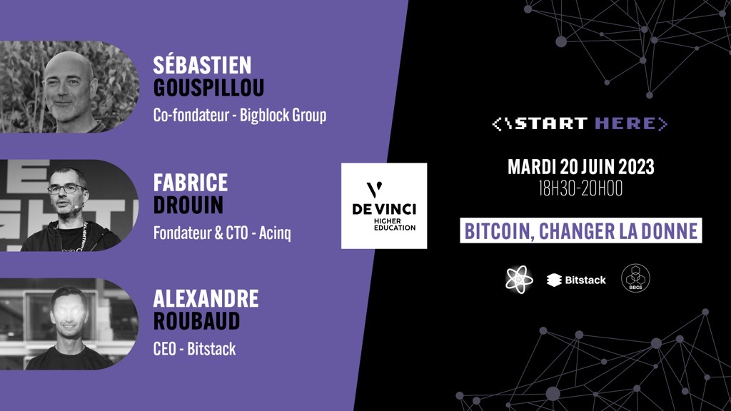 Start Here : conférence crypto 🌌 
📍 Le 20/06/2023 de 18h30 à 20h00

👉 Inscriptions : devinci.fr/evenements/sta…

<a href="/SebGouspillou/">Seb Gouspillou</a> <a href="/alexroubaud/">Alexandre Roubaud ⚡️</a> <a href="/acinq_co/">ACINQ</a>