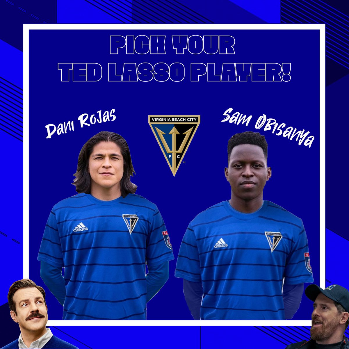vaatlanticfc's tweet photo. WACKY WEDNESDAY! 🥸

In honor of another episode of Ted Lasso coming out……

Which AFC Richmond player would you want to see take the field for VB City FC? 

#4theCity🔱 https://t.co/6jKJqH2jCH