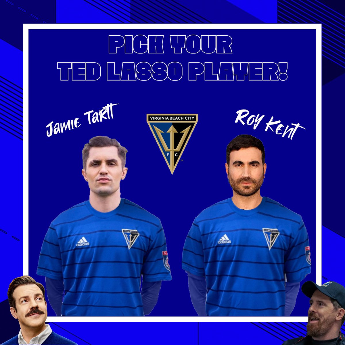 vaatlanticfc's tweet photo. WACKY WEDNESDAY! 🥸

In honor of another episode of Ted Lasso coming out……

Which AFC Richmond player would you want to see take the field for VB City FC? 

#4theCity🔱 https://t.co/6jKJqH2jCH