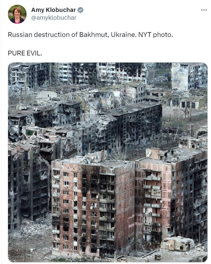 thatdayin1992's tweet image. The official of the #1 invader of the planet, the US, that has invaded Afghanistan, Iraq, Syria, Libya, etc., and has destroyed more cities than anyone else on the planet is showing the picture of destroyed buildings in Bakhmut and says it's "pure evil." Oh the irony.