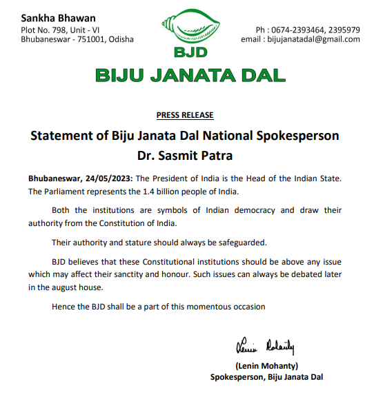 Biju Janata Dal to take part in the inauguration of the new Parliament building on May 28.