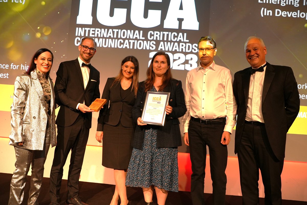 nokiaindustries's tweet photo. Our @Nokia team accepts the "Emerging technology, product or solution" at the International Critical Communications Awards #ICCAs presented by @TCCACritComms for our Drone Networks solution. Visit us at booth #J60 at #CCW23! #CCW2023 @CritCommsSeries https://t.co/IPtC7qJ3yg https://t.co/20LCEngQoF