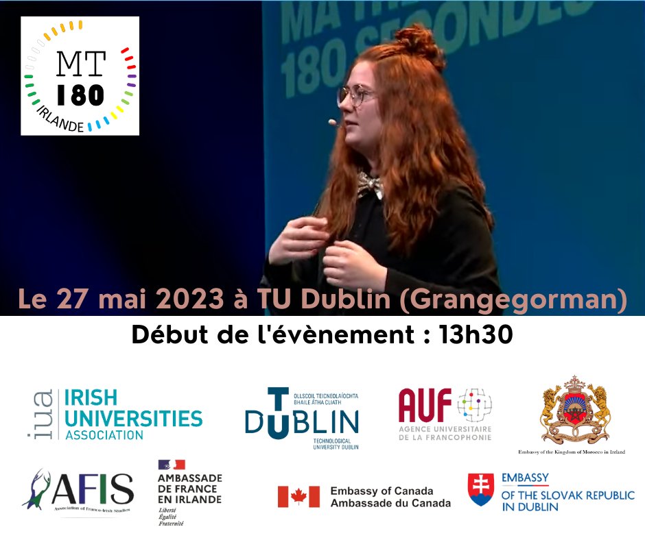 Come listen to the presentations by young francophone researchers at Ma Thèse en 180 secondes 2023! You can vote for your favourite speech in the Prix du Public. Hosted on the Grangegorman Campus of @WeAreTUDublin in Saint Laurence’s building, 1:30 pm #francophonie #MT180