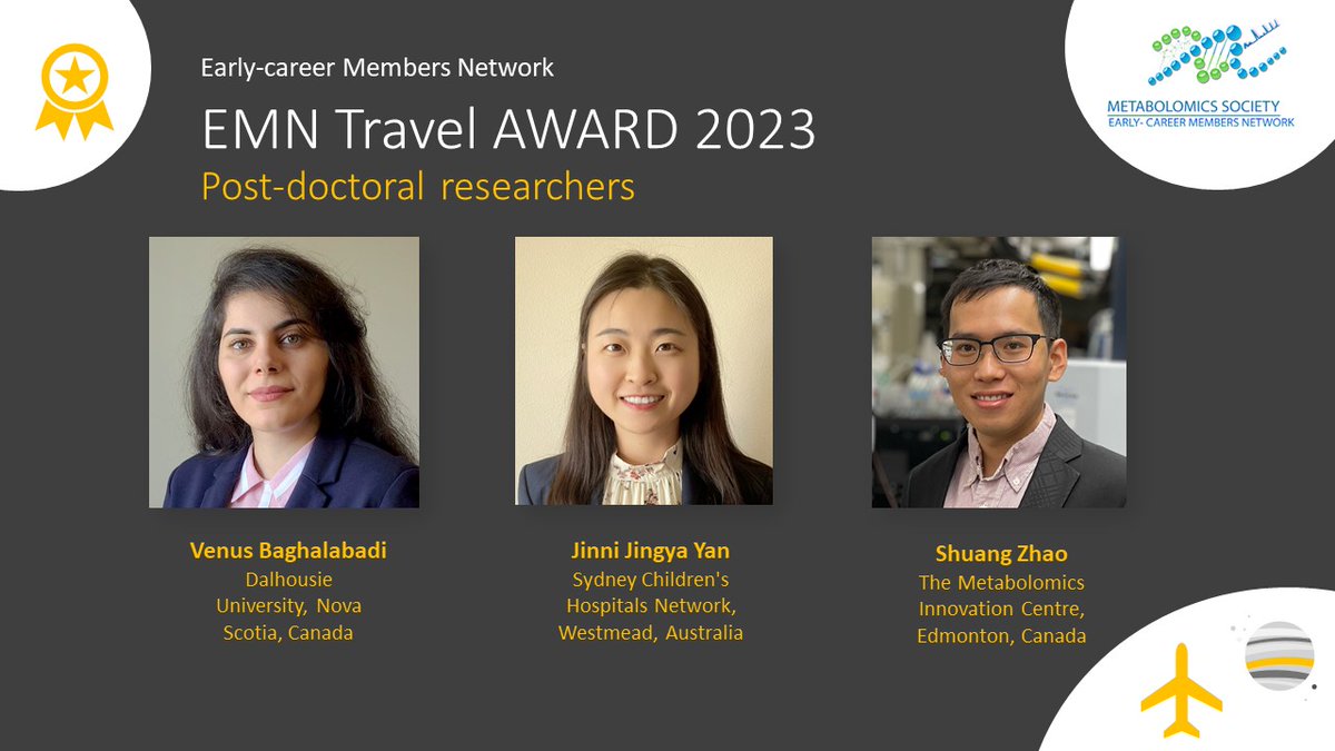 We would like to congratulate this year's EMN Travel awardees in the post-doctoral researcher category: Venus Baghalabadi, Jinni Jingya Yan & Shuang Zhao! We are looking forward to the @MetabolomicsSoc conference in Niagara Falls, Canada, and meeting you all there! #MetSoc2023