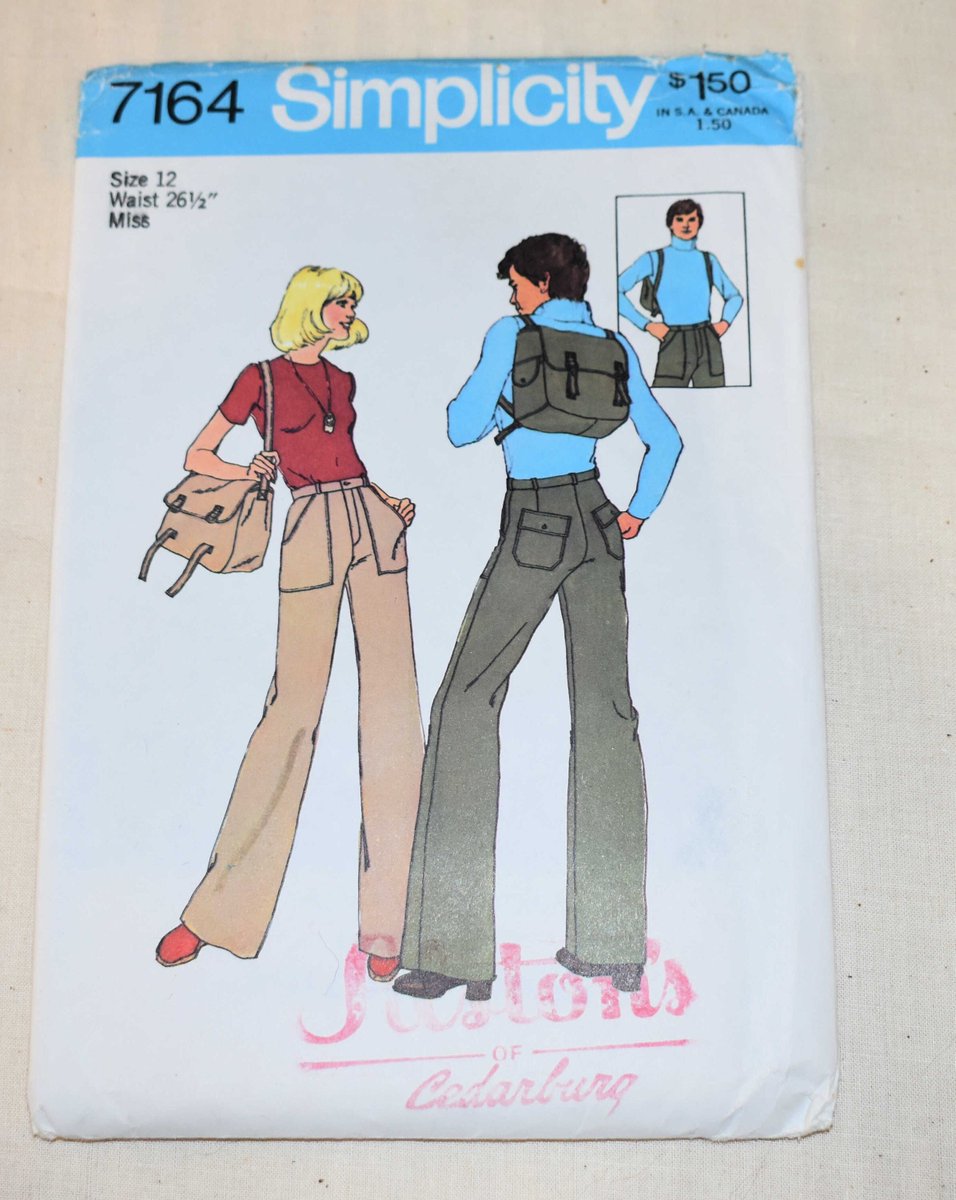 Size 12, UNCUT, Vintage 1970s, Simplicity 7164 Sewing Pattern, Misses Wide Leg Pants, High Waist Jeans, Convertible Bag to Backpack etsy.me/3Wya3ye #birthday #christmas #quilting #vintagepattern #1970scargopant #widelegpant #highwaistpants #patchpockets #largeb