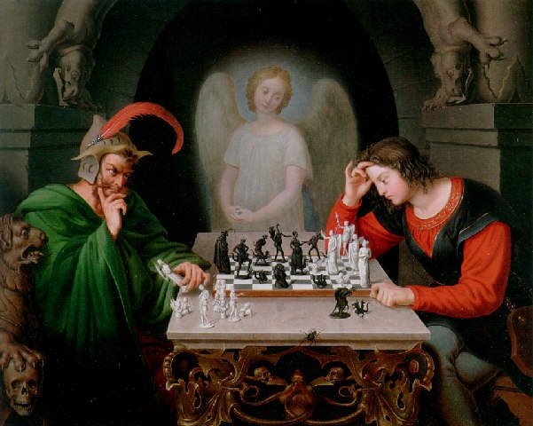 Checkmate?

Two men were touring an art exhibit when they came across a painting of a man and the devil, playing a game of chess. They stopped and studied the painting, noticing the slight grin on the devil's face as he declares checkmate.

The devil's opponent had a look of…
