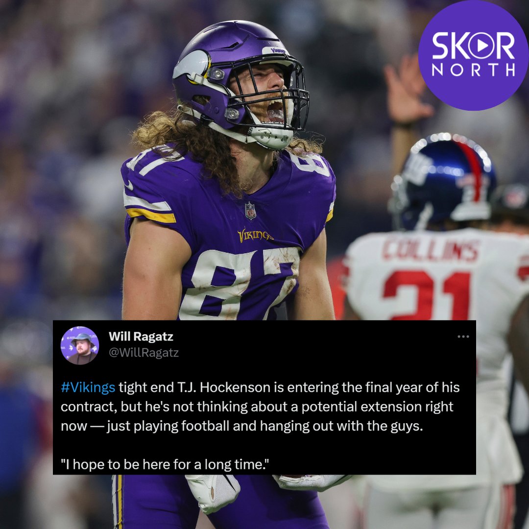SKORNorth's tweet photo. LONG TIME: T.J. Hockenson hopes to be with the Minnesota #Vikings for several seasons to come. 🤝😈 #SKOL https://t.co/a8Koa9HA5x