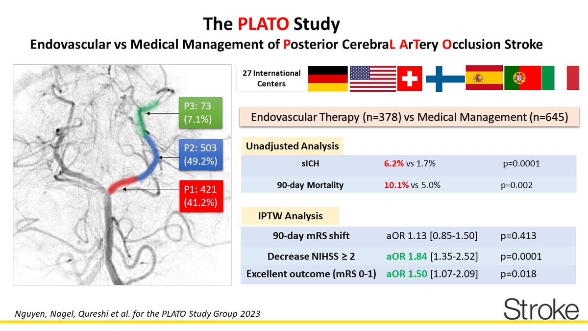 1/ #STROKE Multi-national observational study reports #EVT compared to medical management in #PCA occlusion stroke does not improve 90-day outcomes but associates with higher odds of early neurological improvement and excellent outcomes despite higher rate of sICH and mortality.
