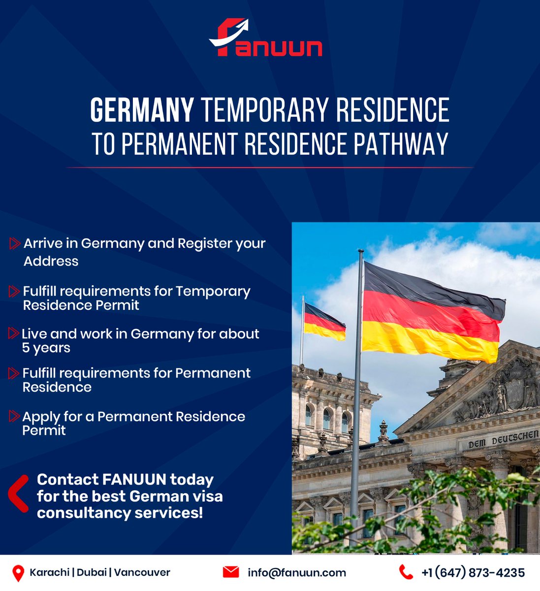 Obtaining permanent residency in Germany is a long but worthwhile journey. Take your first step and apply now for a German Job Seeker Visa with FANUUN! 
Reach us Today

 #FANUUN #germanyvisa #germanyjobseekervisa #germanpr