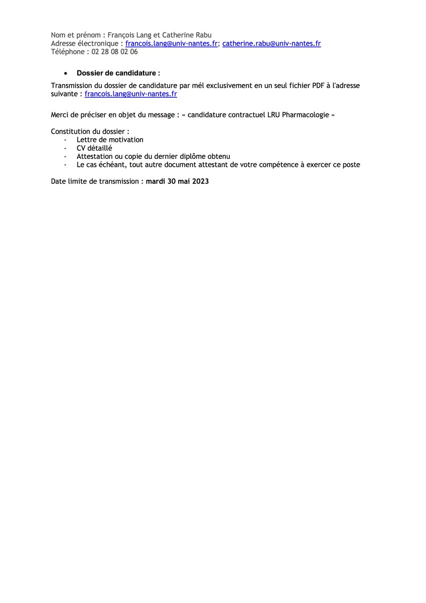 Nous recrutons un enseignant-chercheur en pharmaco/Immuno cancéro !  Equipe 3 dirigée par Nathalie Labarrière à l'INCIT de Nantes <a href="/INCIT_UMR_1302/">INCIT UMR 1302</a> 
Venez développer des nouvelles stratégies d'immunothérapie en cancéro dans une super équipe :) 
#Immunotherapy