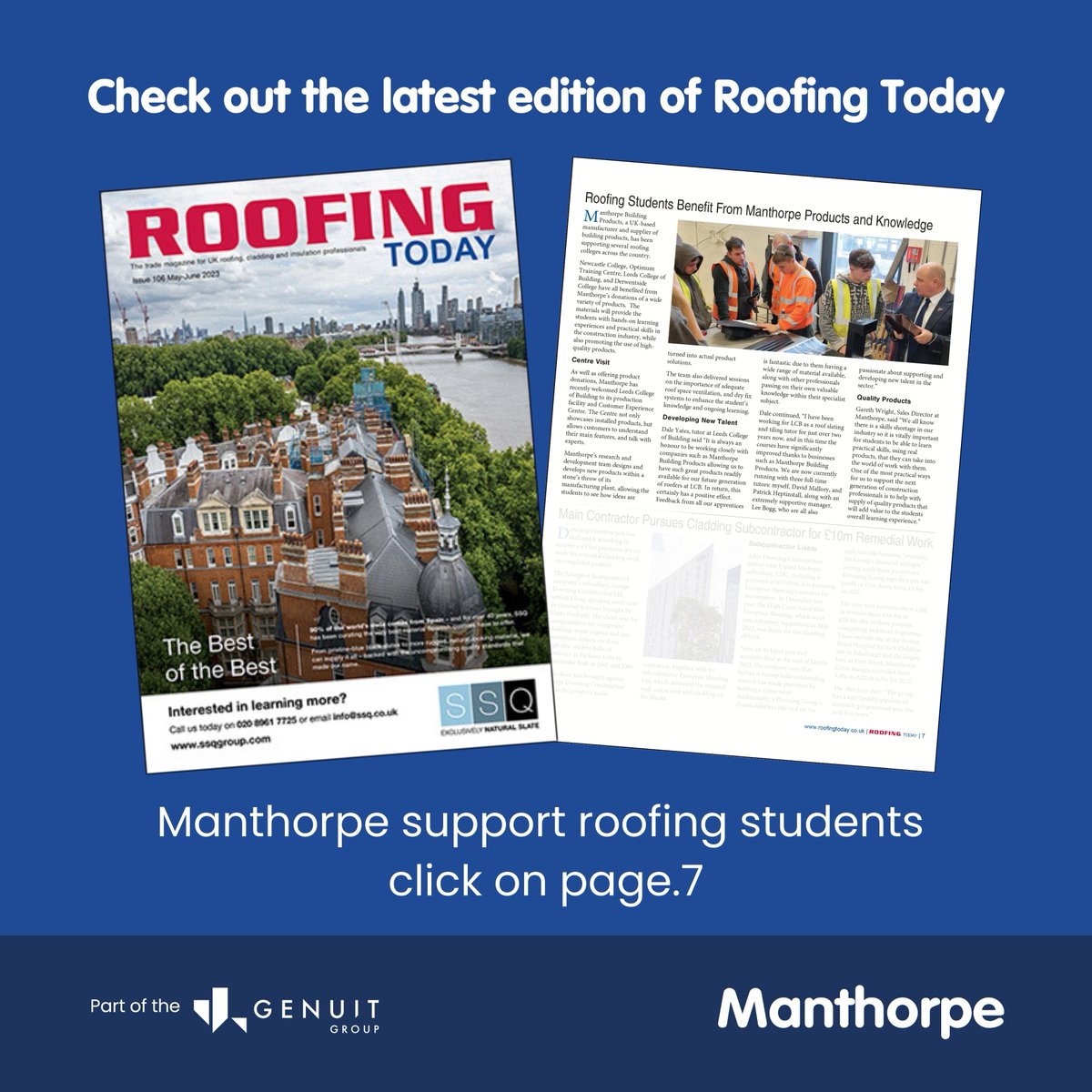 Out Now - check out the latest edition of @RoofingToday - @ManthorpeBP are so pleased to have a feature on the recent collaboration with @WeAre_LCB 
ow.ly/Wmwc50OvxoV

#roofingtoday #colleges #press #collegesupport #supportingstudents