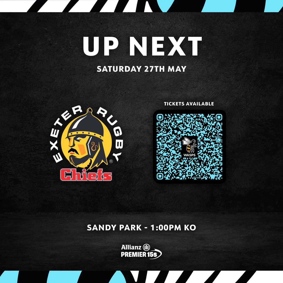 𝗨𝗣 𝗡𝗘𝗫𝗧🐝
𝗥𝗢𝗨𝗡𝗗 𝟭𝟳

🆚 <a href="/ExeChiefsWomen/">Exeter Chiefs Women</a>
🏆 @Premier15s
🕰️ 1:00pm KO
🏟️ Sandy Park

🎟️ tickethub.exeterchiefs.co.uk/selection/even… or QR code 

#WaspsAlways