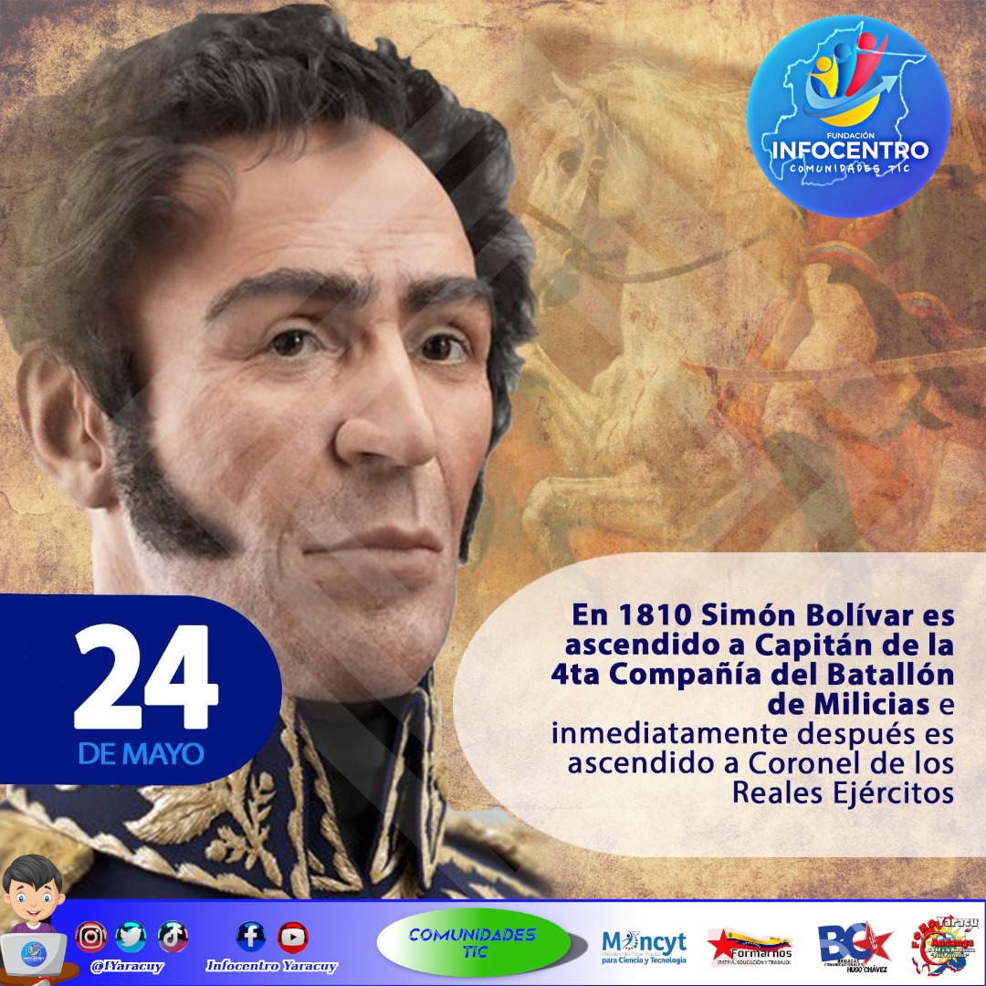 #24May Simón Bolívar es ascendido a Capitán de la 4ta Compañía del Batallón de Milicias e inmediatamente después es ascendido a Coronel de los Reales Ejércitos por la Junta de Gobierno. #BastaDeArroganciaImperial 
<a href="/Gabrielasjr/">Gabriela Jiménez</a> 
<a href="/LaRosaInfoVE/">LaRosaInfoVE</a> 
<a href="/Mippcivzla/">MIPPCI</a>